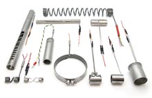 Selection of Freek’s HotMicroCoil nozzle heater solutions featuring different coil patterns, housings, clamps and thermal sleeves