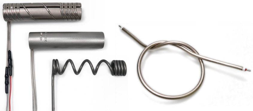 Principle HotMicroCoil heaters for nozzle heating (left); new Super-flex tubular heater (right)