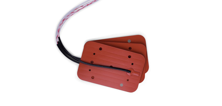 Silicone heater, several holes, PT 100, central termination, PTFE-leads with silicone sleeve